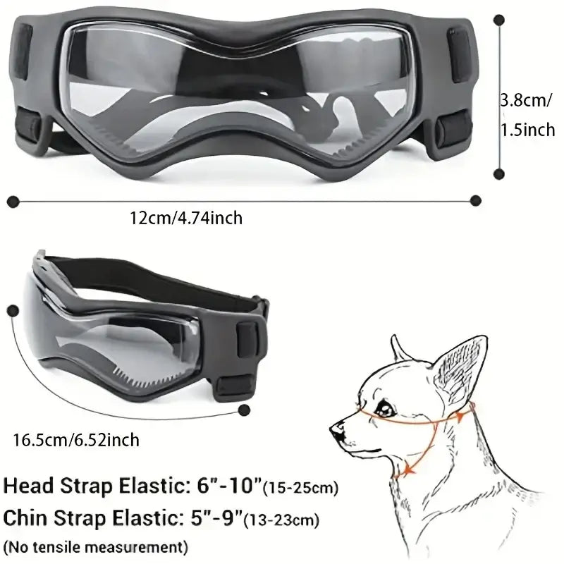 dog uv protective goggles for small dogs, adjustable black pet sunglasses with elastic head and chin straps