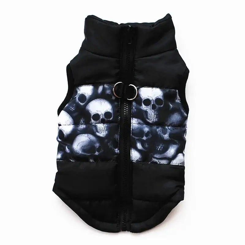 Windproof winter coat for dogs featuring a stylish skull print for added flair and warmth.