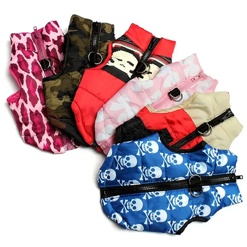 Variety of windproof winter coat for dogs in different colors and patterns displayed together.