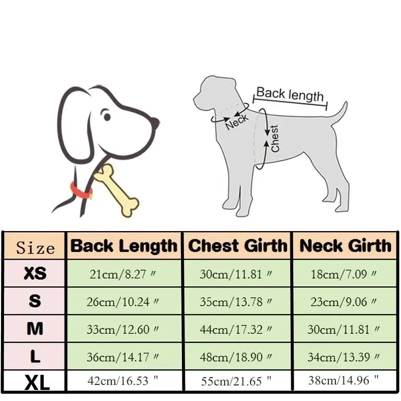 Size chart for windproof winter coat for dogs, showing back length, chest girth, and neck girth measurements.