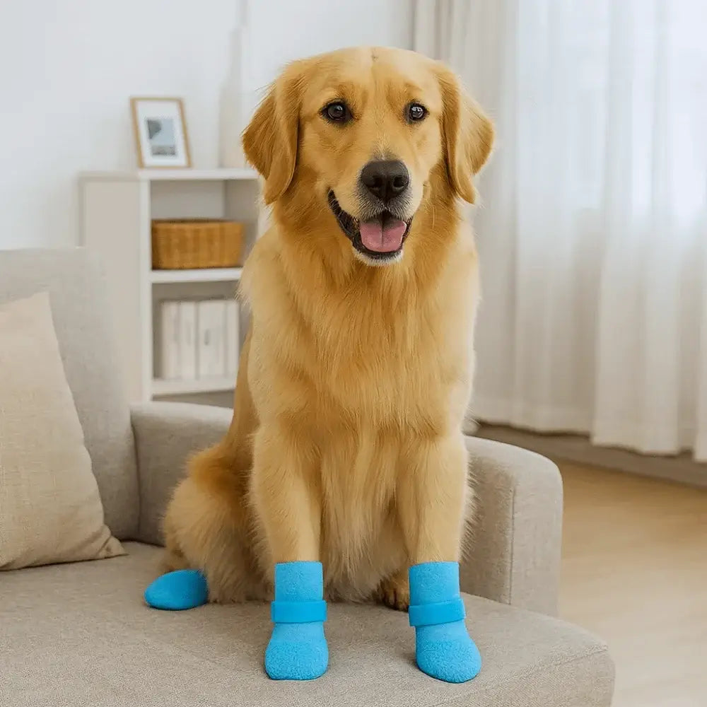 Golden retriever wearing waterproof dog boots indoors on a sofa, showing non-slip protective pet shoes for comfort and winter use.