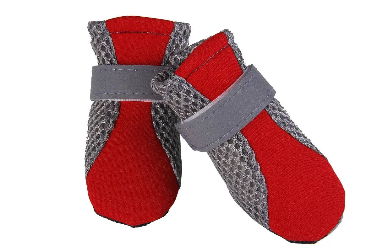 Red and gray waterproof dog boots with anti-slip soles for small to medium pets, durable outdoor puppy rain shoes