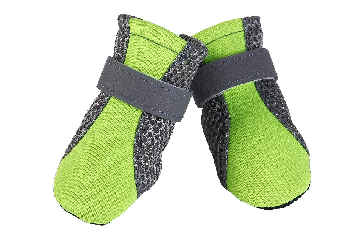 Green waterproof dog boots with anti-slip soles for small dogs and puppies, soft outdoor pet rain shoes