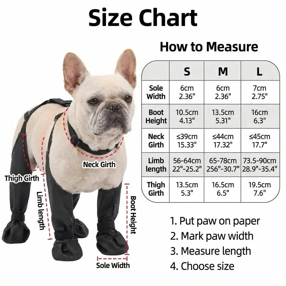 Size chart for waterproof dog boots non-slip, measuring guide for various breed sizes including French Bulldog.