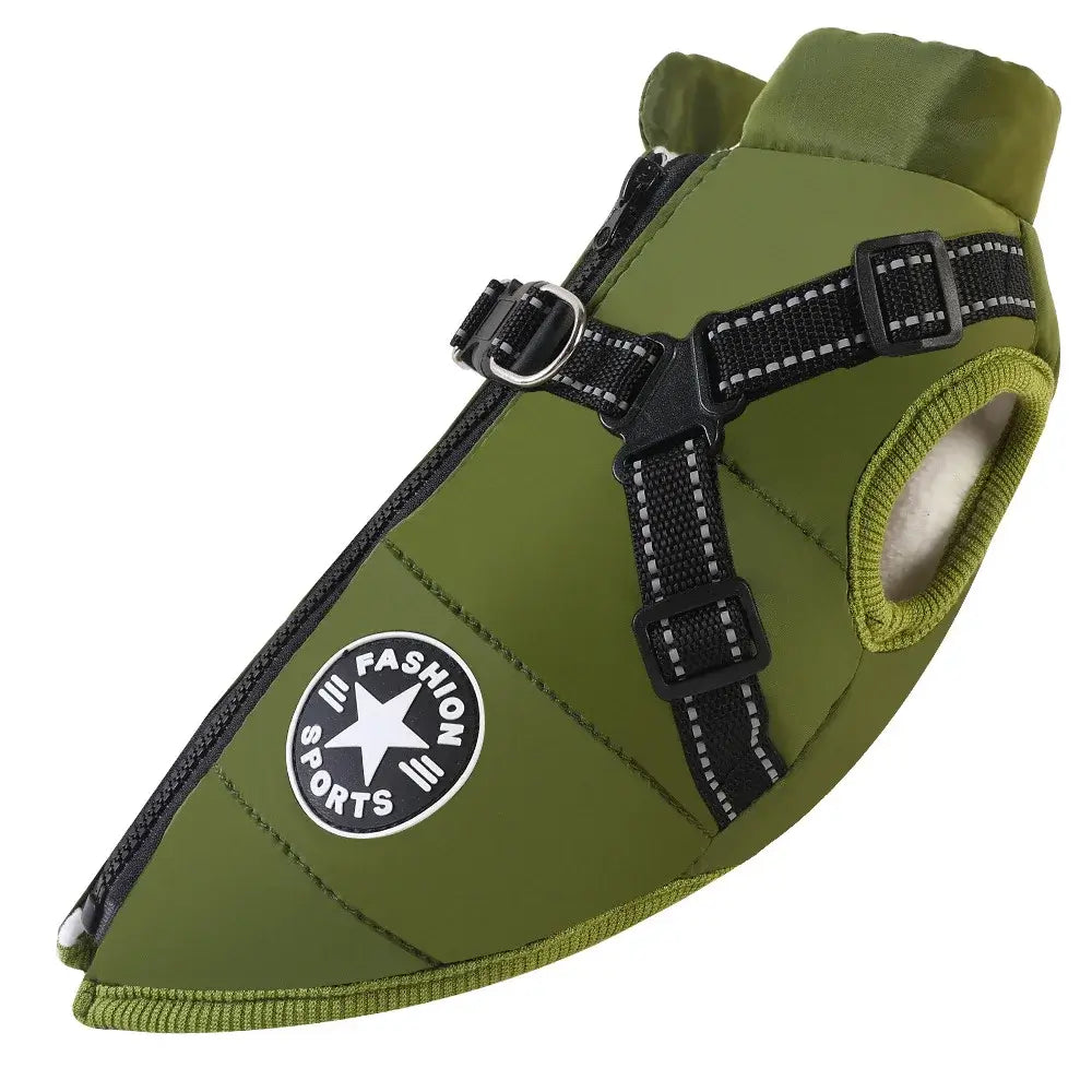 waterproof dog jacket with harness in green with built-in harness for stylish winter wear.