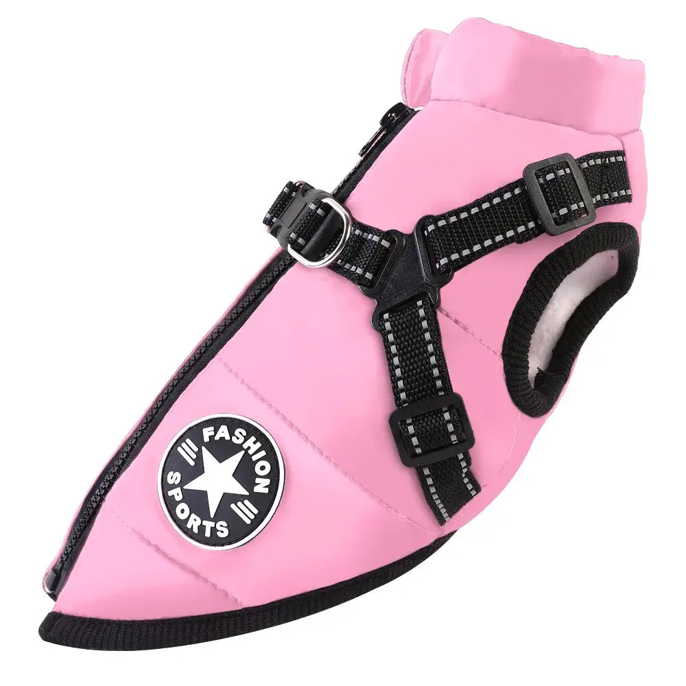 waterproof dog jacket with harness in pink, featuring a built-in harness and soft interior for winter comfort.