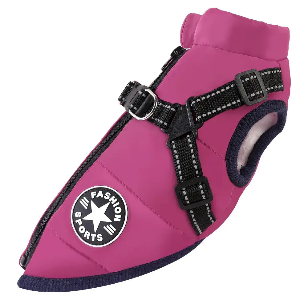 waterproof dog jacket with harness in pupple color featuring adjustable straps and a cozy lining for warmth.