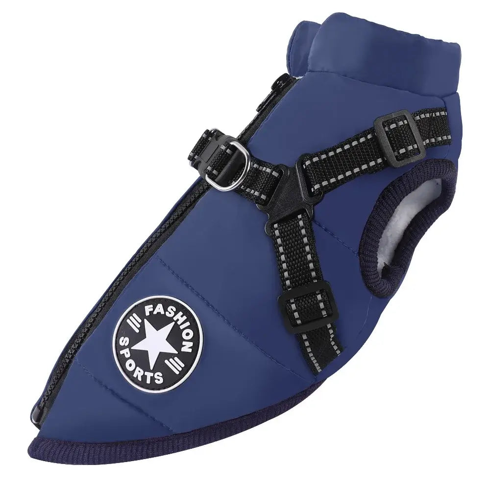 Waterproof dog jacket with harness in navy blue for winter warmth and style, designed for dogs like Labradors and Chihuahuas.
