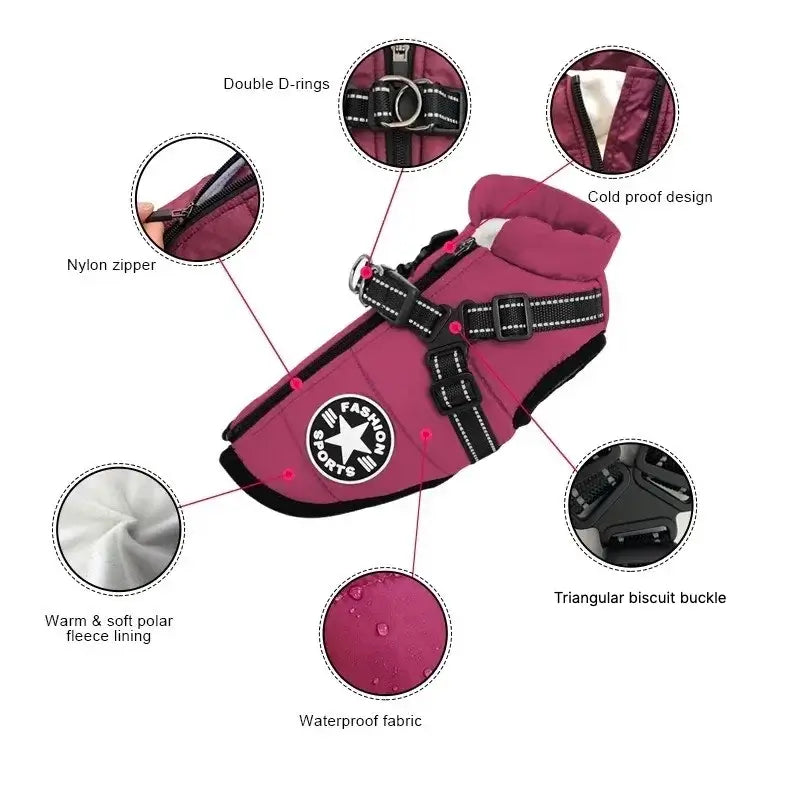 waterproof dog winter jacket with harness pink warm pet coat with double D-rings, fleece lining and zipper