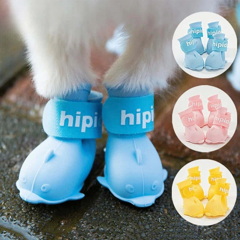 Waterproof dog boots featuring colorful designs for pets, ideal for outdoor activities and protection.