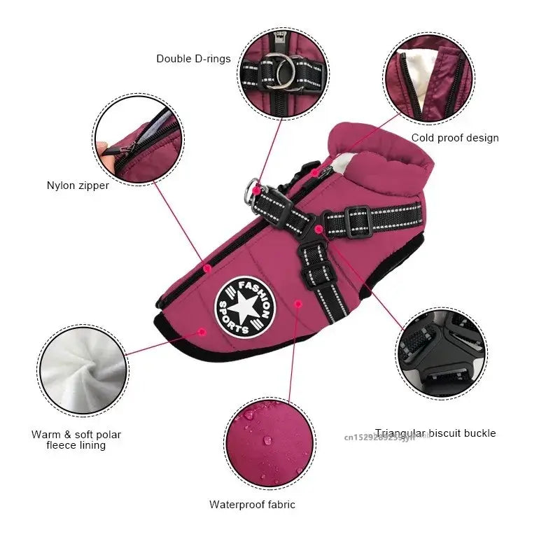 Waterproof dog jacket with harness features double D-rings, nylon zipper, fleece lining, and cold proof design.