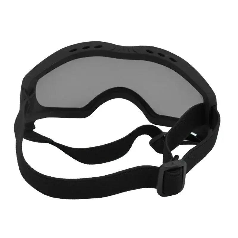 Windproof dog sunglasses with adjustable strap and protective gray lens for outdoor eye protection
