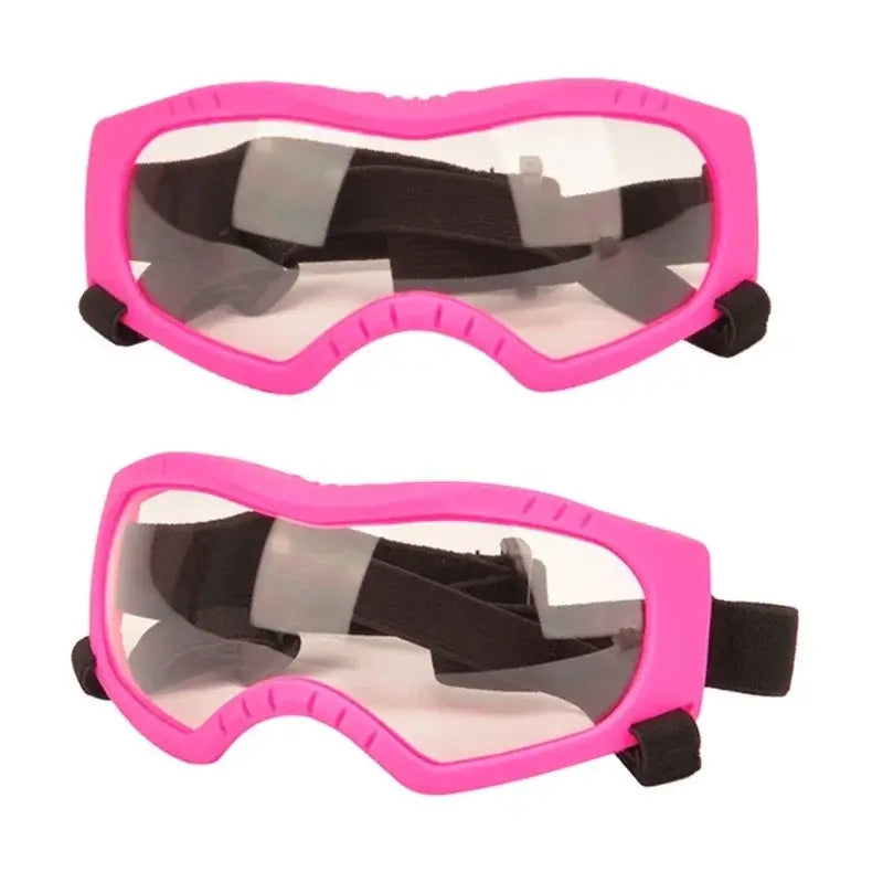 Pink dog sunglasses with clear windproof lenses and adjustable strap for outdoor eye protection