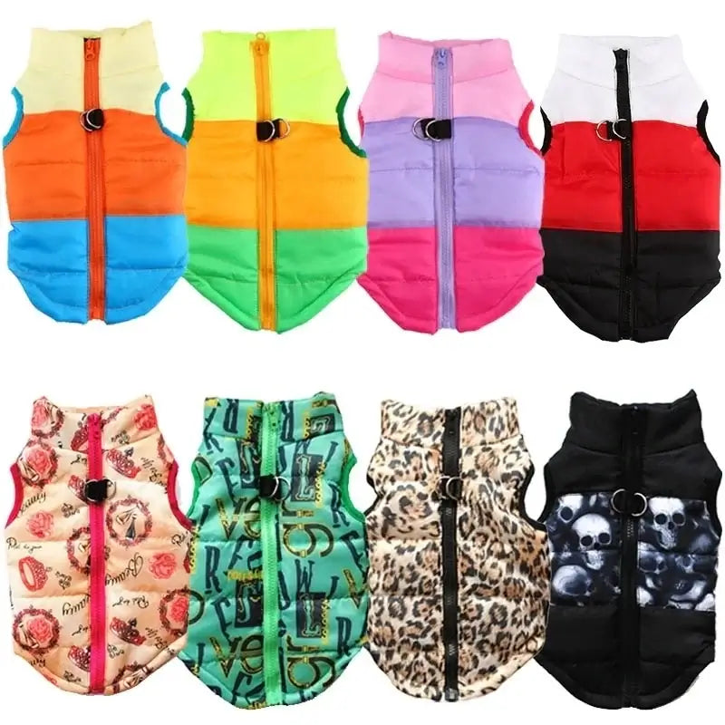 Windproof winter coat for dogs, colorful padded vests for pets in various styles and patterns, suitable for autumn/winter season.