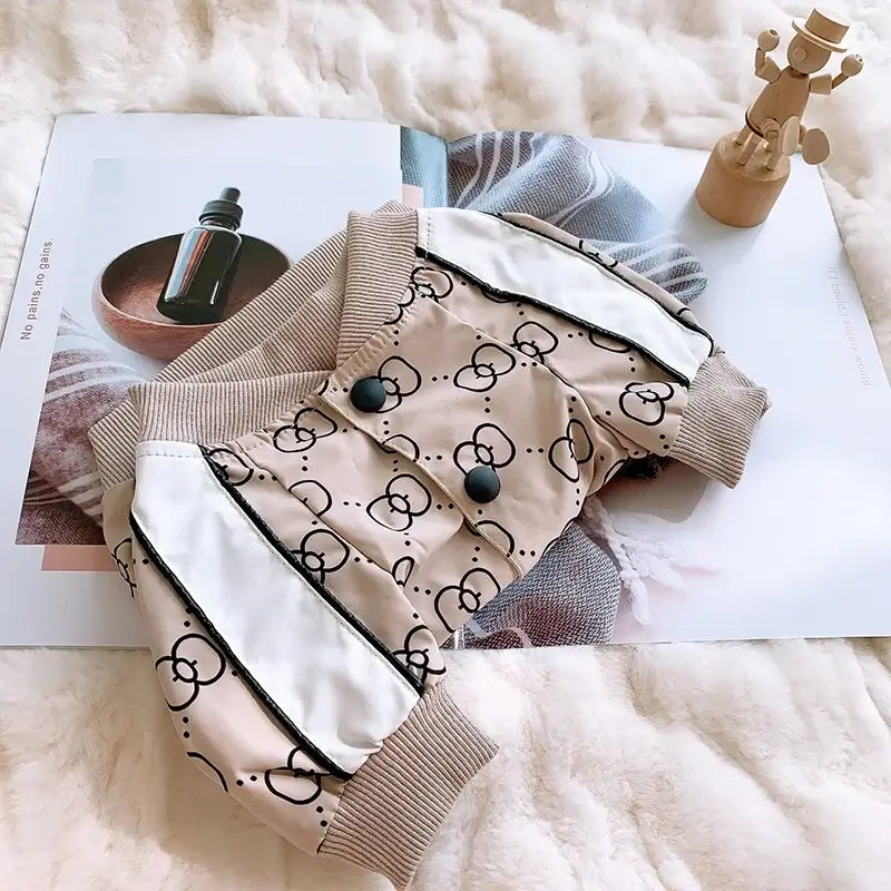 Warm dog winter jacket for dogs, beige printed puppy coat with buttons, cozy polyester pet clothing for winter comfort