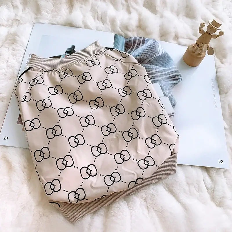 warm dog winter jacket for dogs, beige printed polyester winter pet clothing, comfortable designer puppy coat