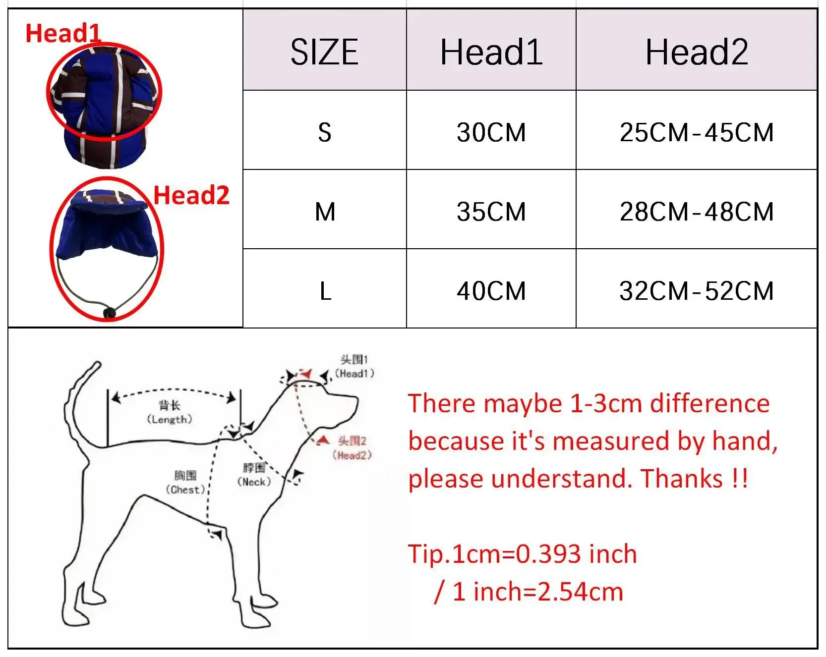 winter dog coat for small dogs size chart for cotton padded jacket with hat, S M L measurements