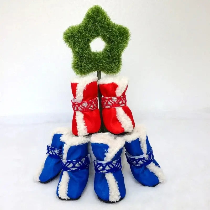 waterproof winter dog shoes red and blue anti-slip puppy boots with soft fleece lining, 4-piece set
