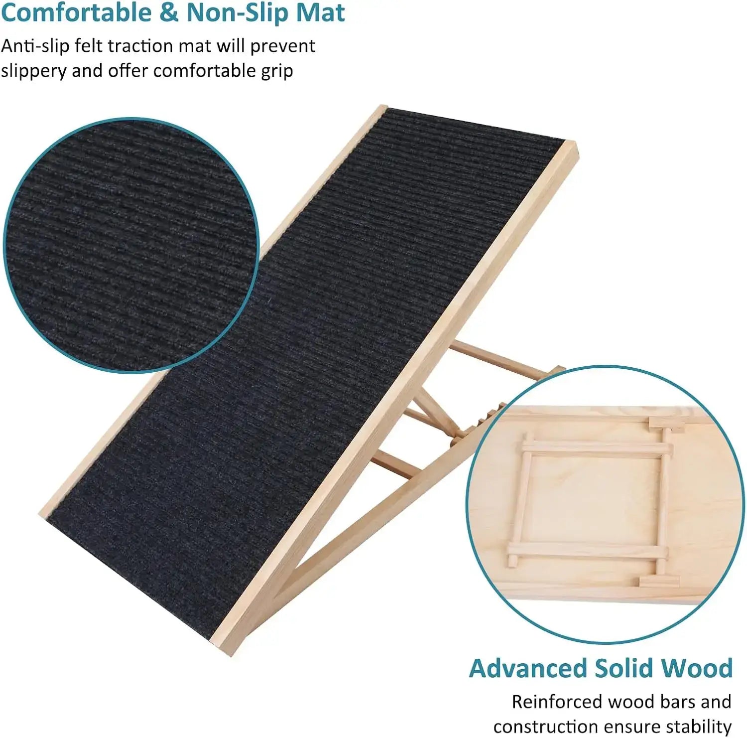 Adjustable wooden dog ladder featuring a comfortable non-slip mat for enhanced grip and stability.