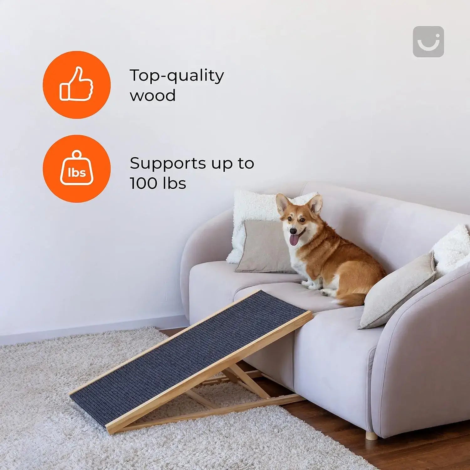 Adjustable wooden dog ladder supporting up to 100 lbs with a non-slip surface, featuring a dog on a couch.