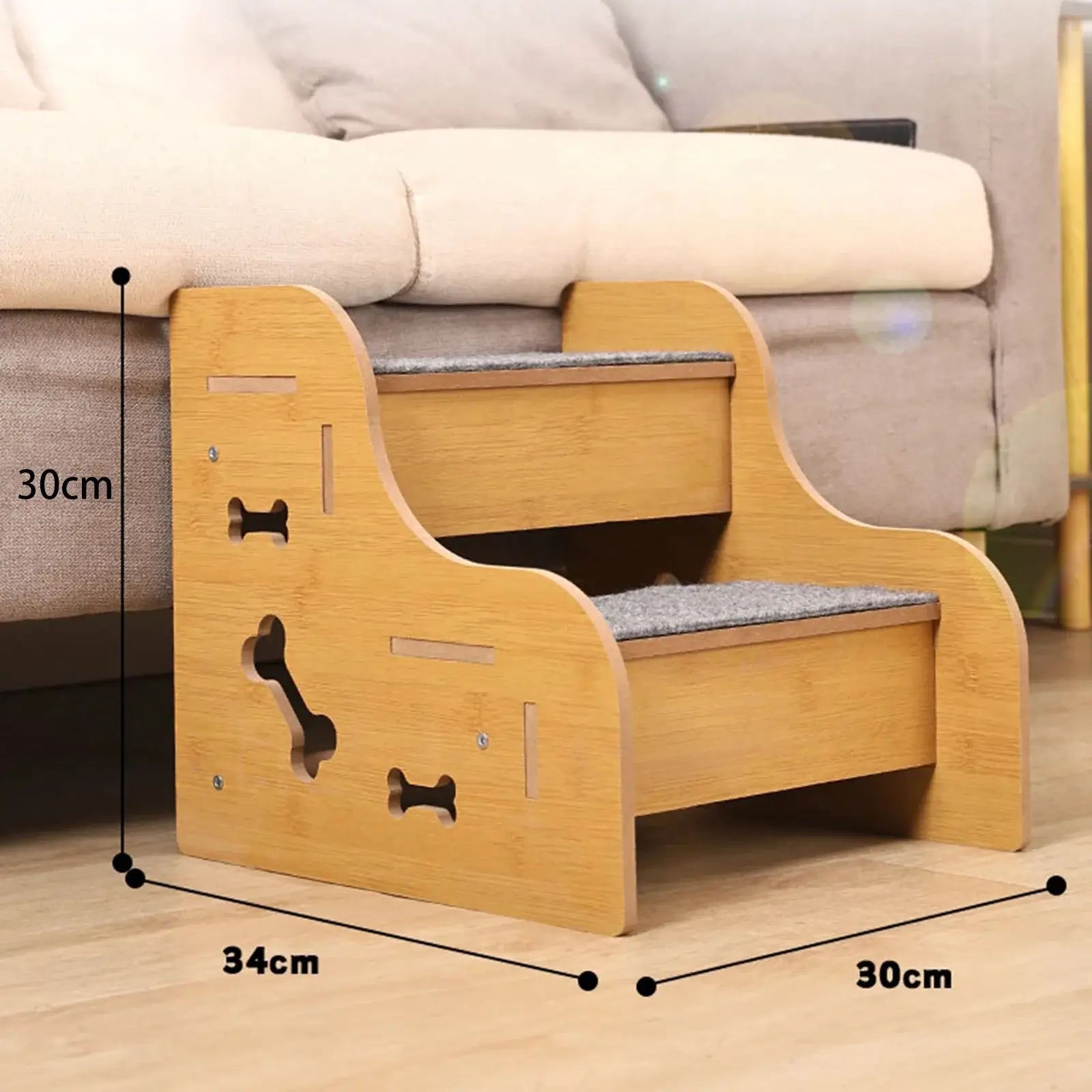 2 step wooden pet stairs for small dogs with non-slip surface, perfect for helping pets access elevated areas.
