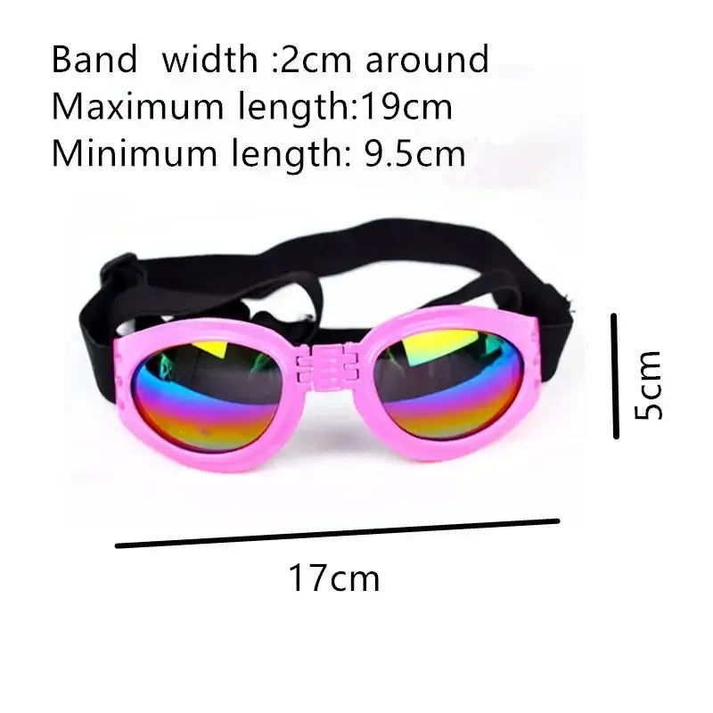 Pink 17cm foldable dog sunglasses with rainbow lenses and adjustable strap, windproof sunscreen pet goggles
