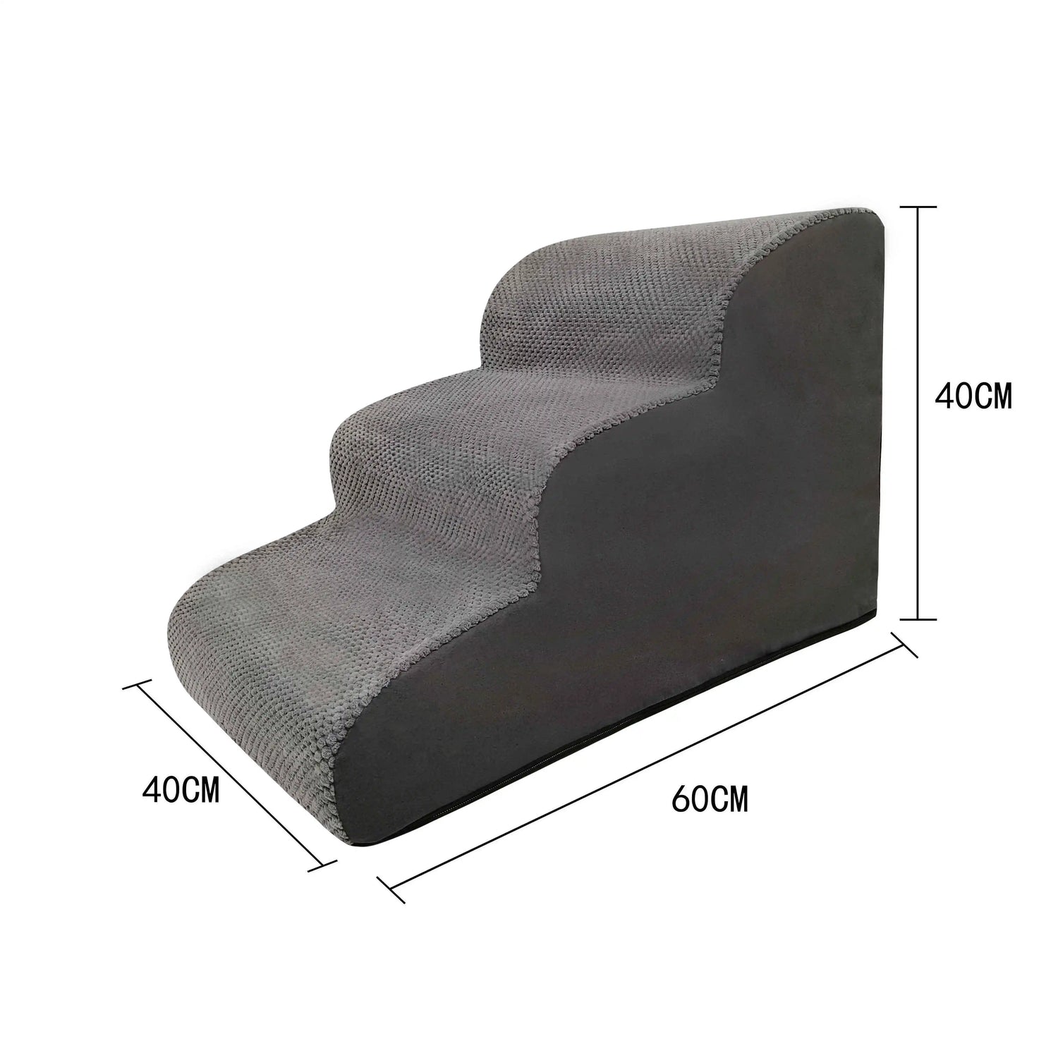 4-Step Curved Dog Ramp for high beds, soft grey carpeted steps, dimensions 60cm x 40cm x 40cm.