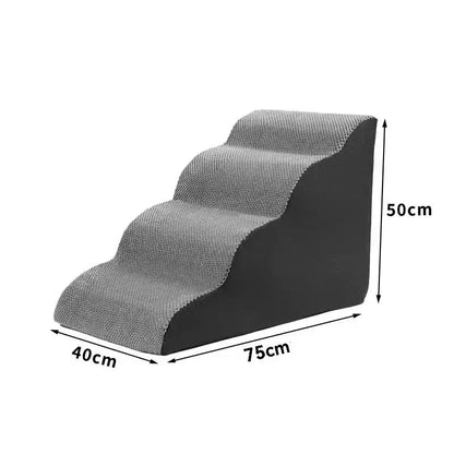 4-step curved dog ramp for high beds with non-slip soft grey carpeted steps and dimensions 75cm x 40cm x 50cm.