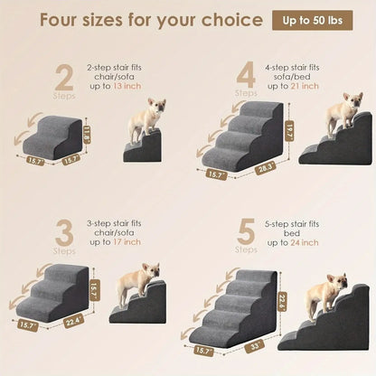 4 sizes of dog ramps for high beds up to 50 lbs with various step configurations and measurements.