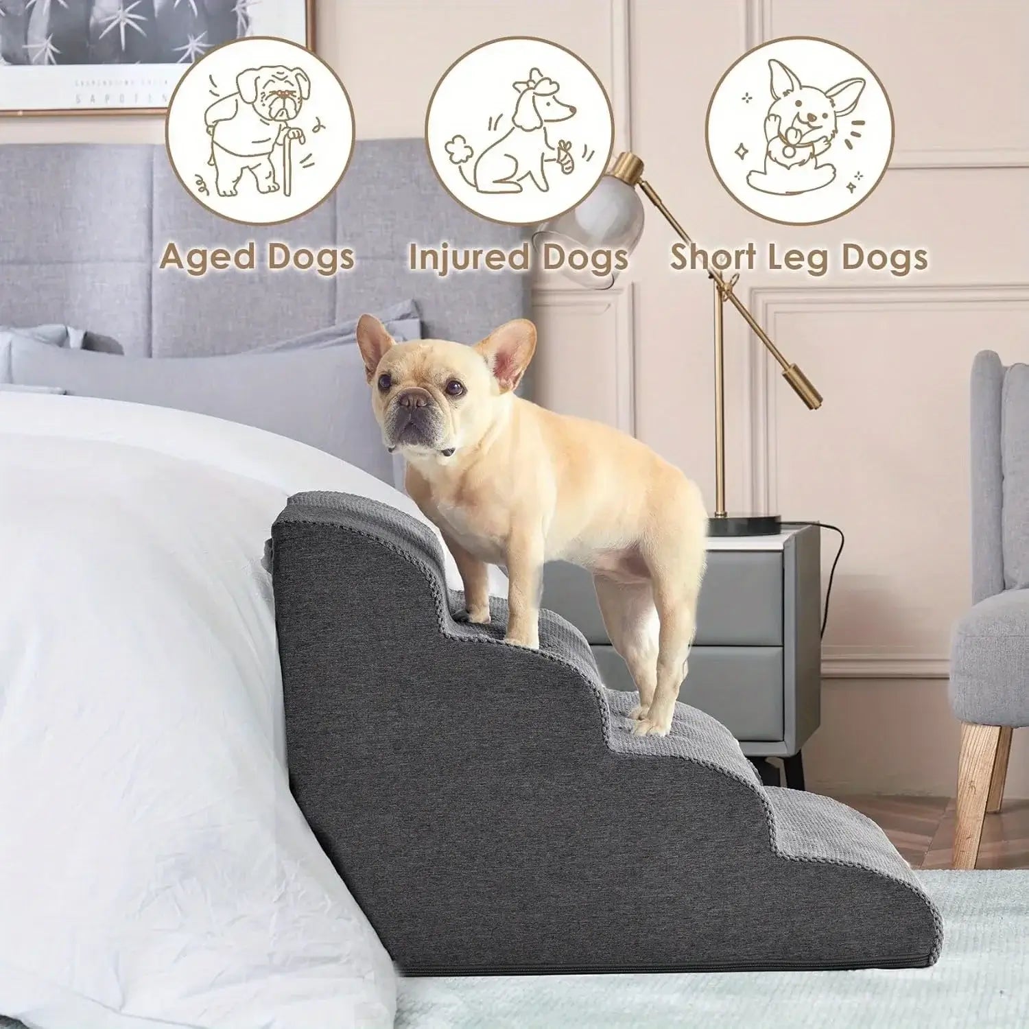 Curved dog ramp for high beds shown with a French Bulldog, ideal for aged, injured, and short leg dogs.