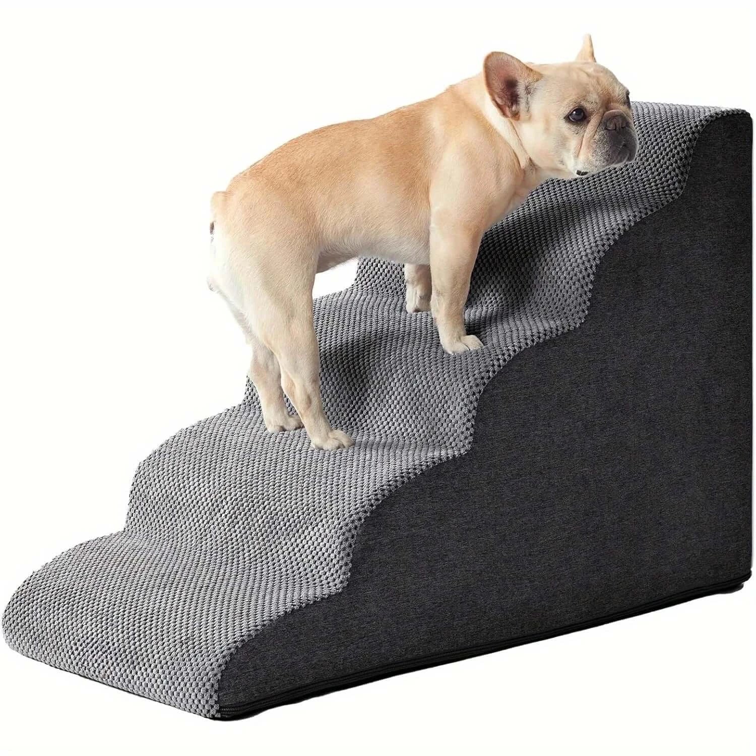 Curved dog ramp for high beds with a small dog climbing the soft grey carpeted steps.