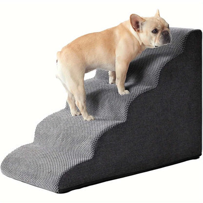 Curved dog ramp for high beds with a small dog climbing the soft grey carpeted steps.