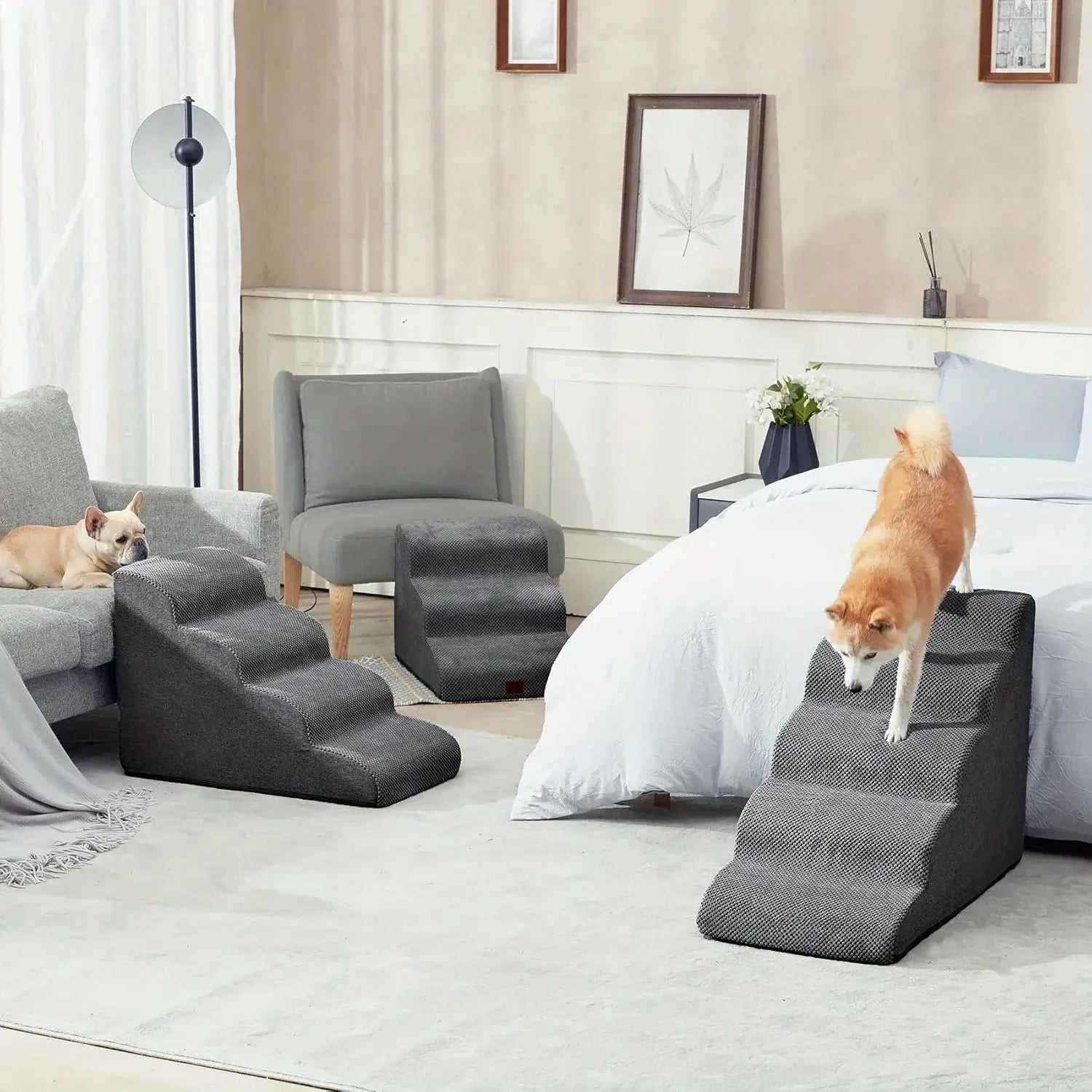 Curved dog ramp for high beds in a modern living room with dogs using non-slip steps.