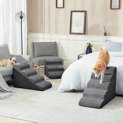 Curved dog ramp for high beds in a modern living room with dogs using non-slip steps.