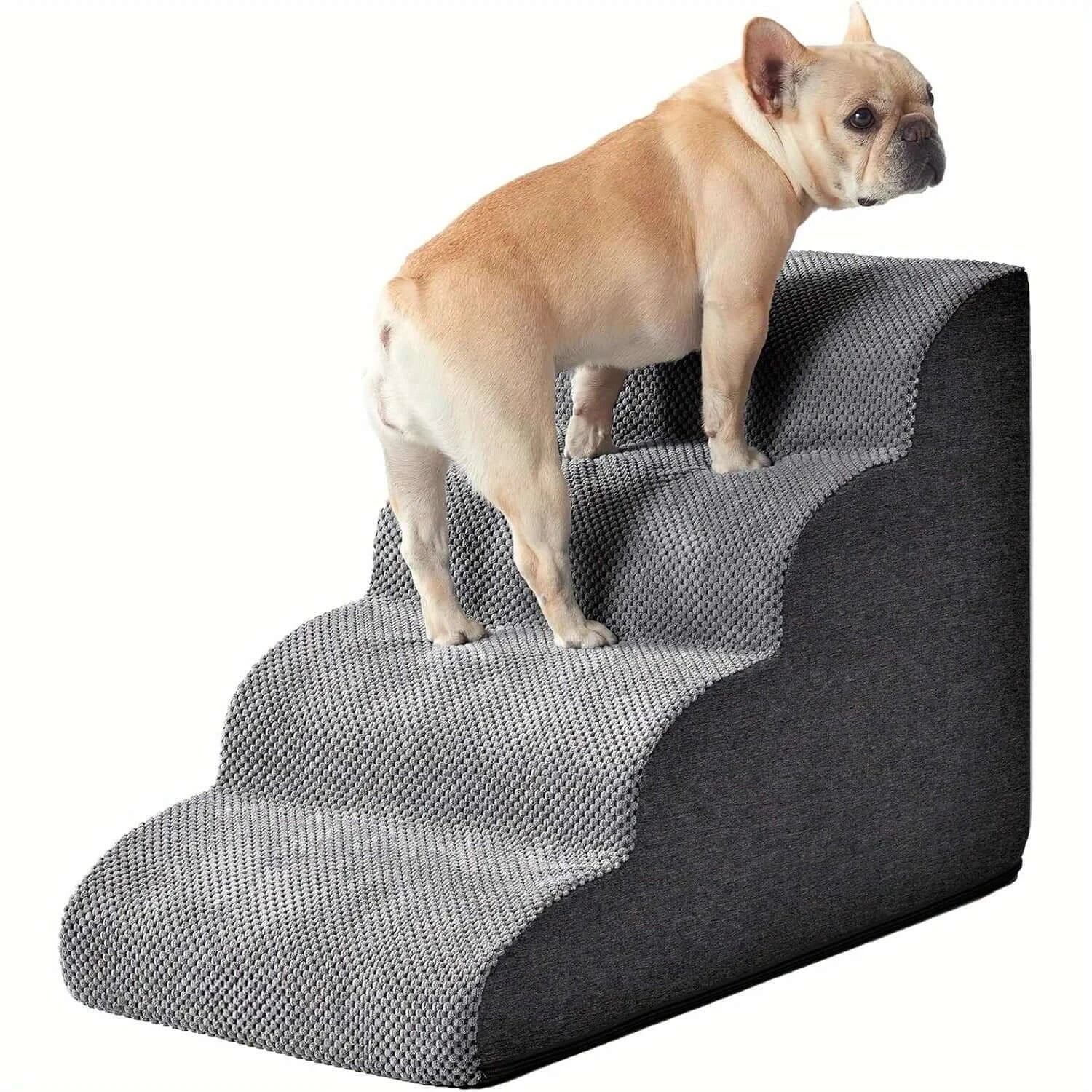 Curved dog ramp for high beds featuring soft grey carpeted non-slip steps, ideal for small dogs.