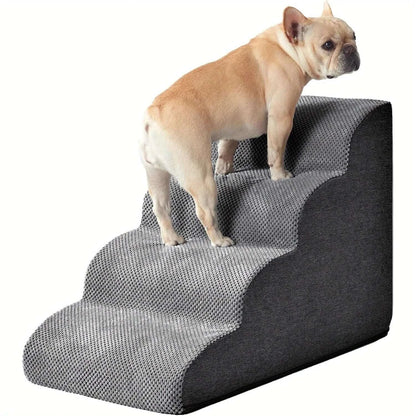 Curved dog ramp for high beds featuring soft grey carpeted non-slip steps, ideal for small dogs.