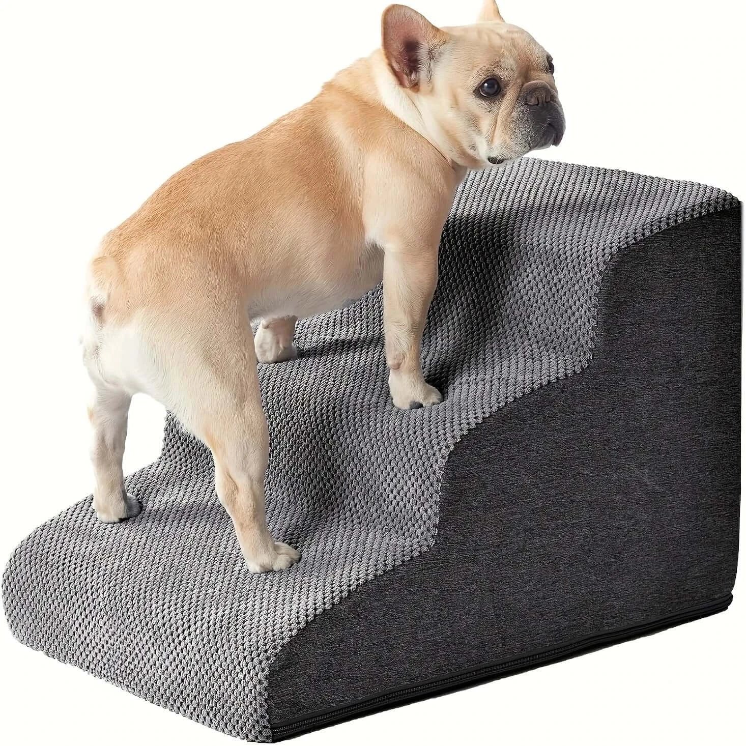 Curved dog ramp for high beds featuring a tan French Bulldog on soft grey carpeted steps.