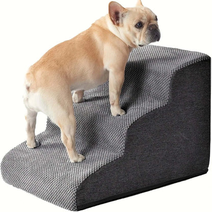 Curved dog ramp for high beds featuring a tan French Bulldog on soft grey carpeted steps.