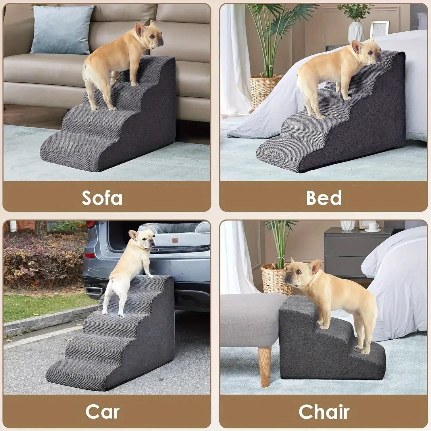 Curved dog ramp for high beds, featuring 4-step non-slip design for easy access to sofa, bed, car, and chair.