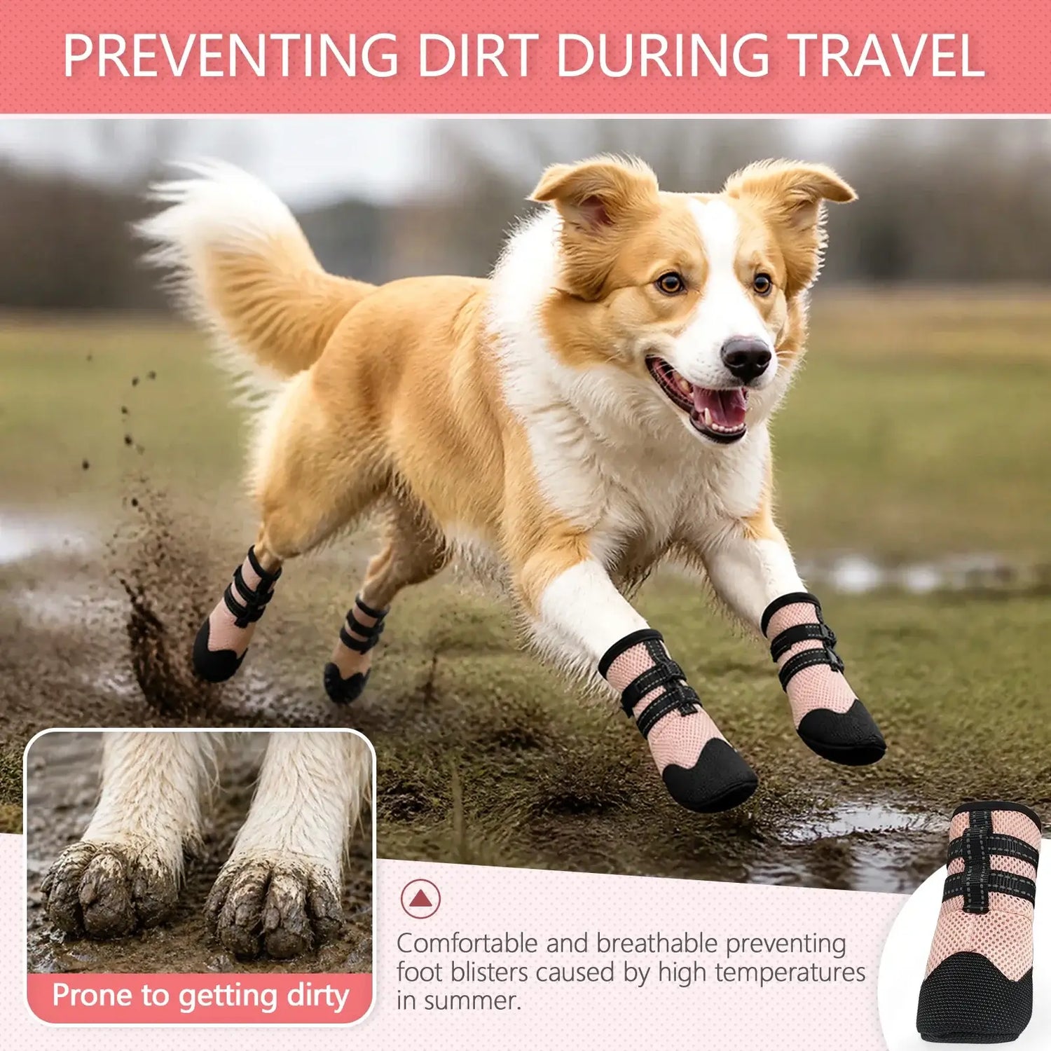 breathable anti-slip dog boots for paw protection during travel, preventing dirt and hot pavement burns