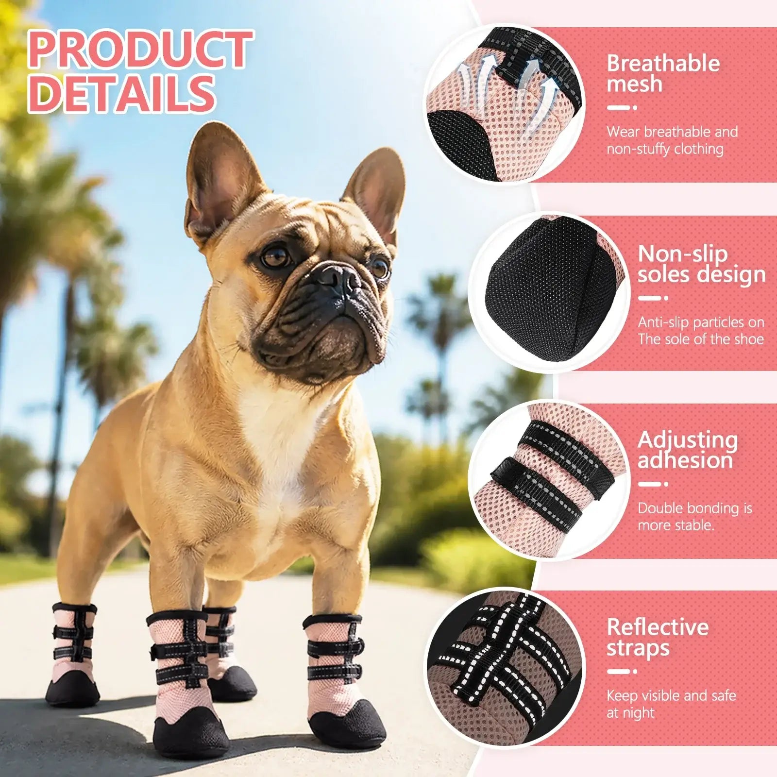 French bulldog wearing breathable anti-slip dog boots with mesh, non-slip soles, reflective straps, and secure fit
