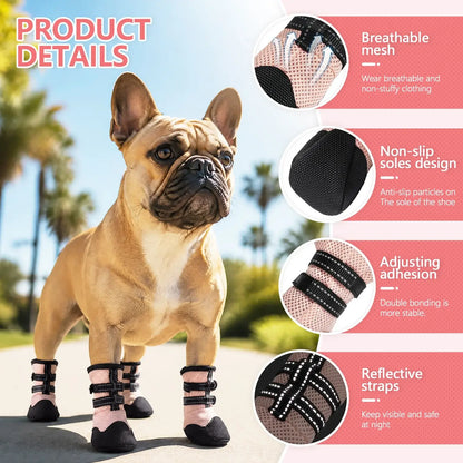 breathable anti-slip dog boots for French bulldog with mesh, non-slip soles, reflective straps, and adjustable fit