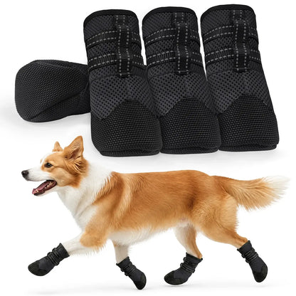 Gray breathable anti-slip dog boots, 4PCS PU and cotton paw protection shoes with PVC outsole for hot pavement and outdoor walking