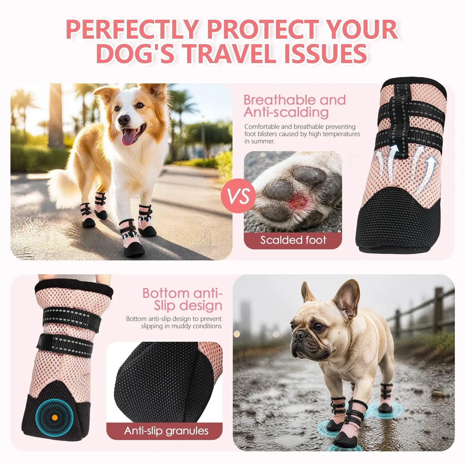 breathable anti-slip dog boots for paw protection on hot pavement, outdoor walking, dirt and insect shield