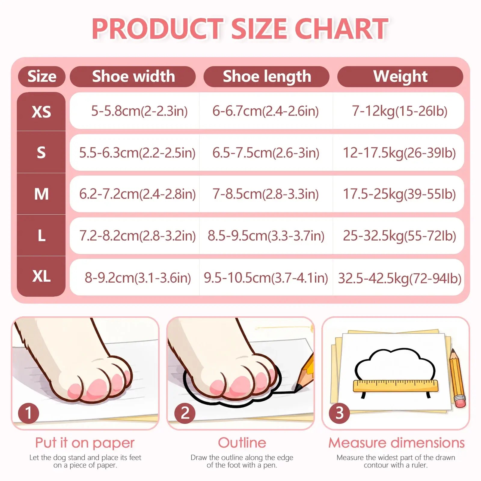 Product size chart for breathable anti-slip dog boots with XS to XL paw width, length, and weight measurements