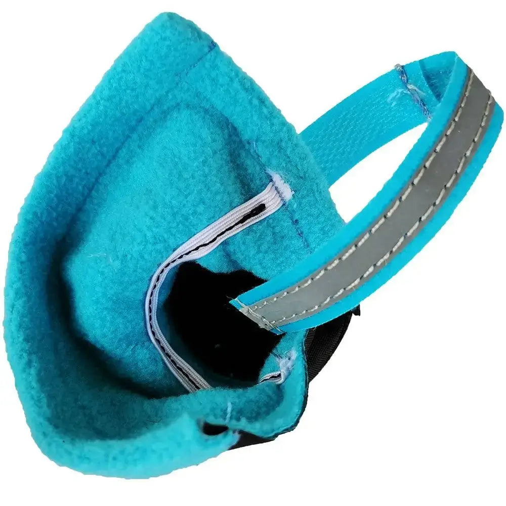 Close-up view of a winter dog boot featuring a soft interior and adjustable strap, ideal for winter dog boots for small dogs.