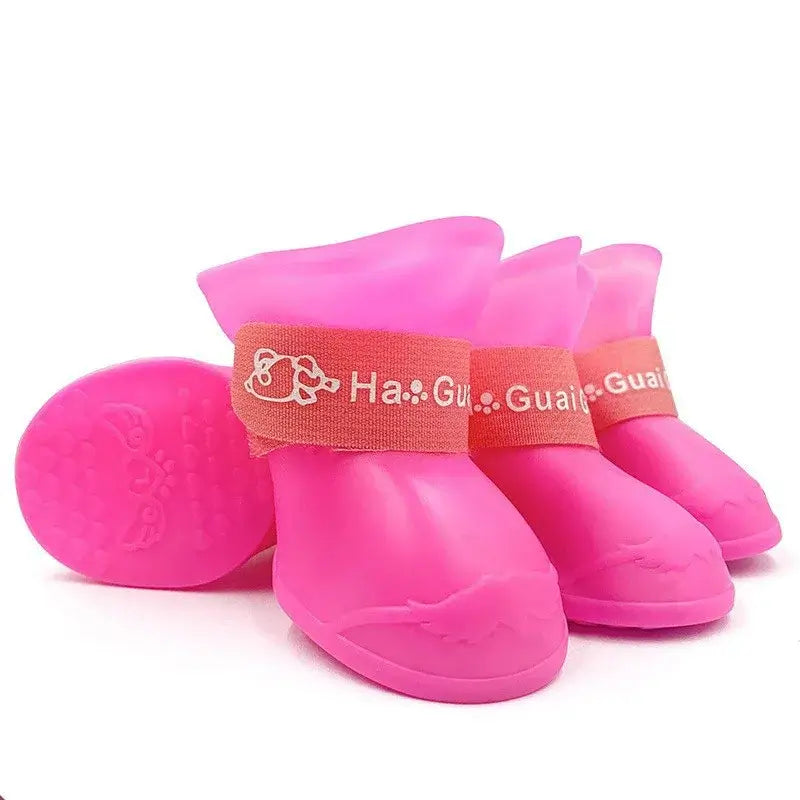 Pink dog waterproof rain boots with anti-slip rubber soles for small, medium, and large dogs, 4-piece pet shoe set