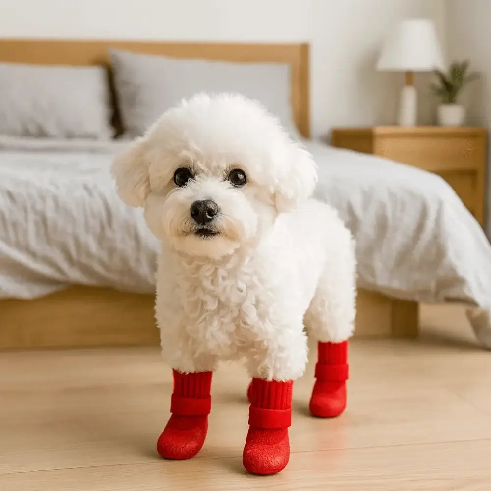 Small white dog wearing red waterproof dog boots indoors for winter protection, comfort, and non-slip traction