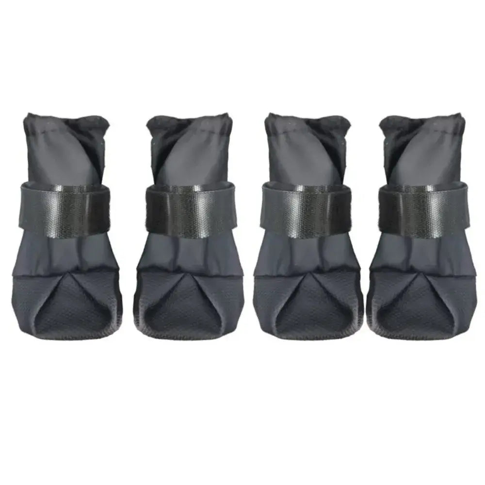 Adjustable waterproof dog boots in grey, 4-piece set featuring anti-slip design and breathable material for pets.