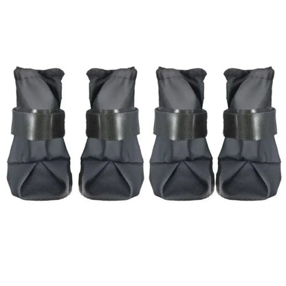 Adjustable waterproof dog boots in grey, 4-piece set featuring anti-slip design and breathable material for pets.